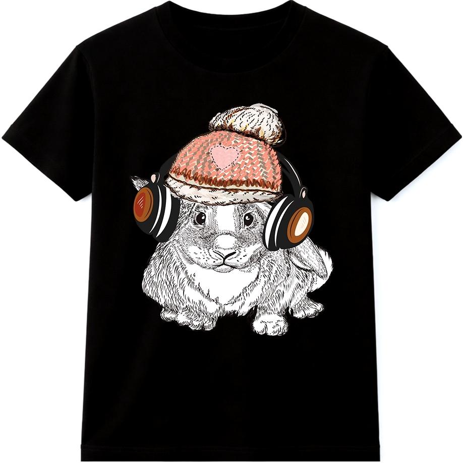 Rabbit T Shirt Headphones Beanie Hat Graphic Tee Cute Bunny Music Lover Pet Top