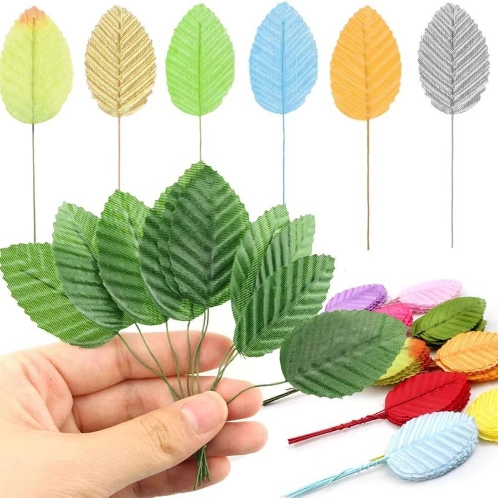 40Pcs Nylon Artificial Silk Rose Leaves Single Leaf Wired Stem Artificial Green Leaves DIY Crafts Floral Decoration Leaf