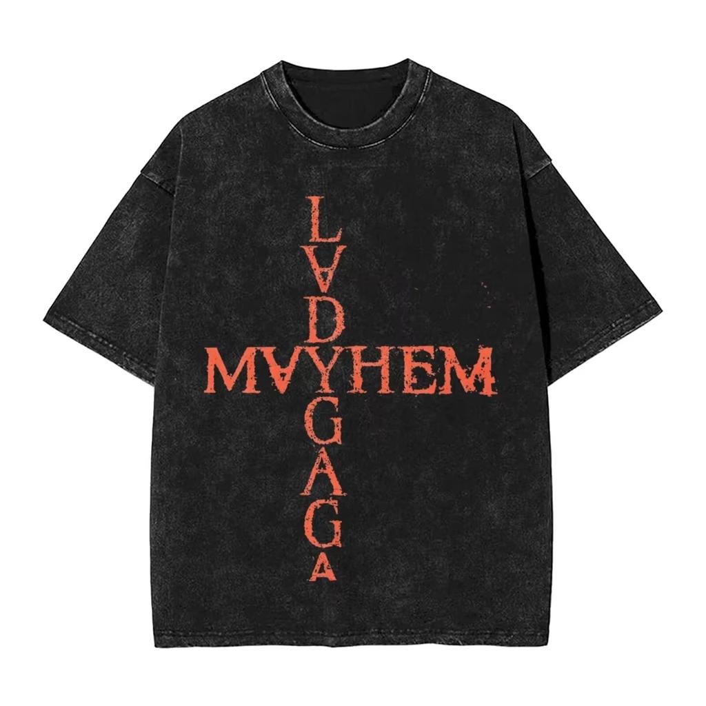 Singer Lady Gagas washed Tshirt a messy hiphop retro streetwear with sleeve prints unisex top