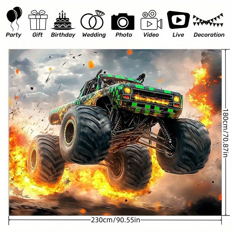 2D flat 1pc Monster truck-themed birthday party background polyester banner - Party banner - large-sized photography fabric