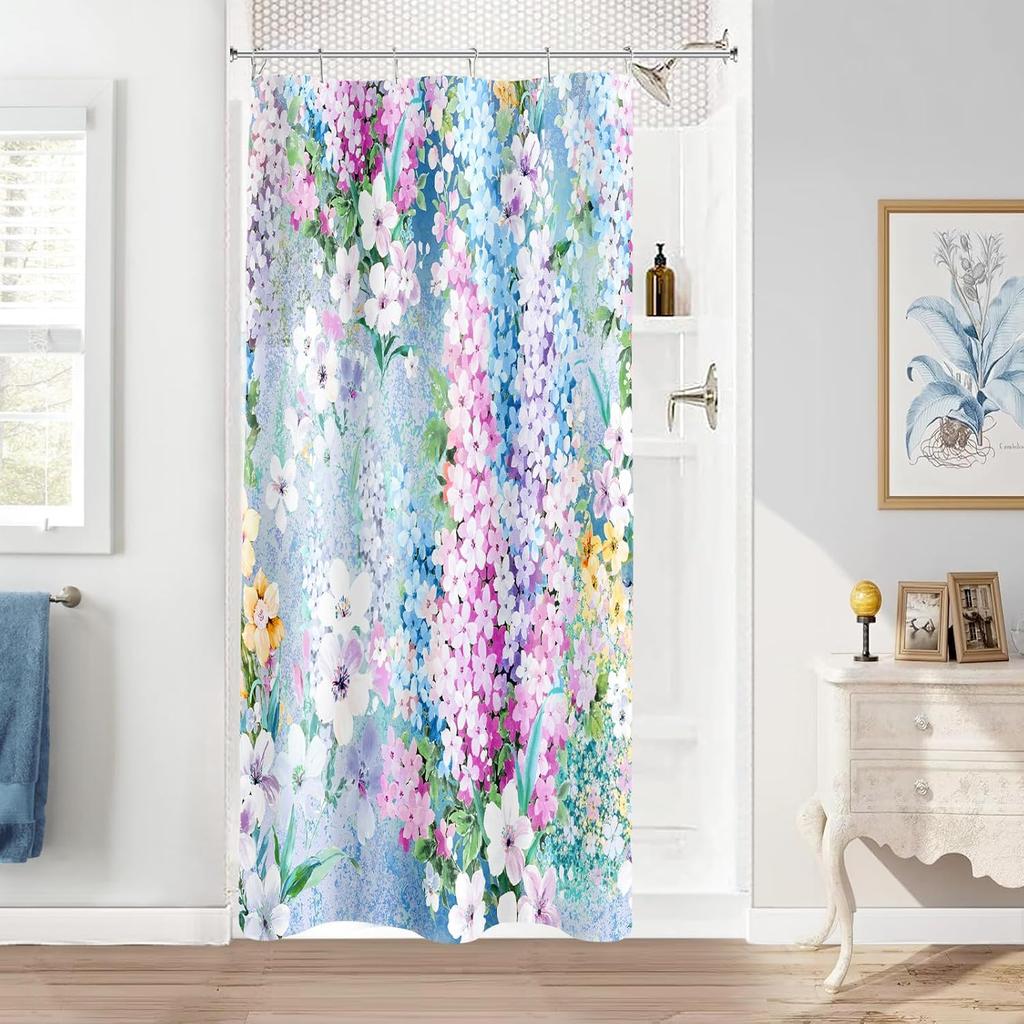 Purple Floral Shower Curtain,Colorful Flower Fabric Shower Curtain for Bathroom, Pretty Funky Watercolor Cloth Shower Curtain