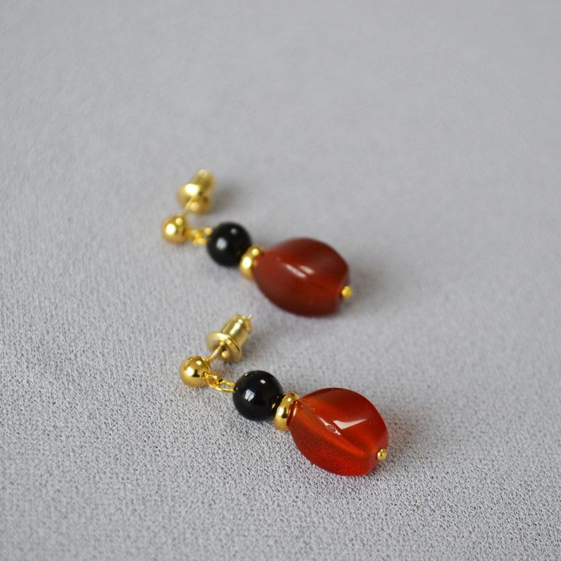 Retro Black & Red Agate Beaded Silver Stud Earrings