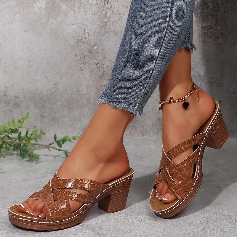 Fashion Women's Summer Lightweight High Heel Sandals Cross Strap Comfort Chunky Heeled Slippers Woman Casual Slip On Sandalias De Mujer