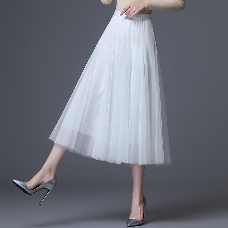 2025 High-Waist A-Line Mesh Skirt: Three-Layer Pleated Fairy Skirt for Spring & Autumn