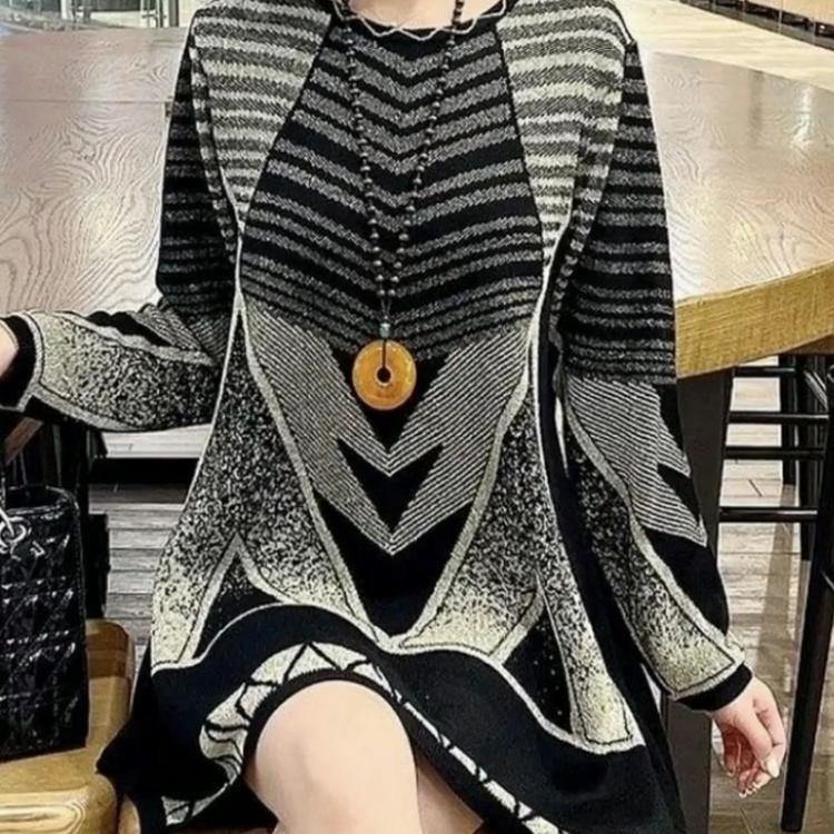 

Korean Style Casual Geometric Knitted Sweaters Bright Silk Long Sleeve Round Neck Midi Jumpers Female Clothing Autumn Winter 5XL зелений
