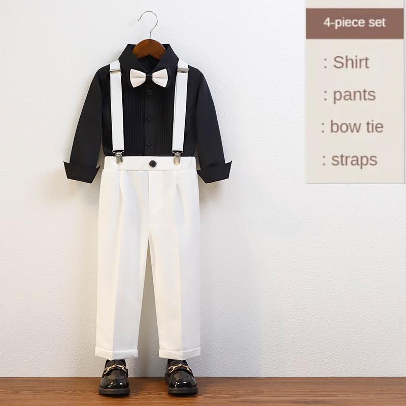 School Boys Suspender Trousers Formal Suit Shirt Bow Tie Kids Wedding Ring Bearer Piano Recital Birthday Photoshoot Gentleman Outfit for Boys 3-12Y