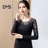Dameoverdeler Rundhals Langermet Mesh Blonder Broderi Pullover Topper Ensfarget Slim Fit Bluse Daglig slitasje
