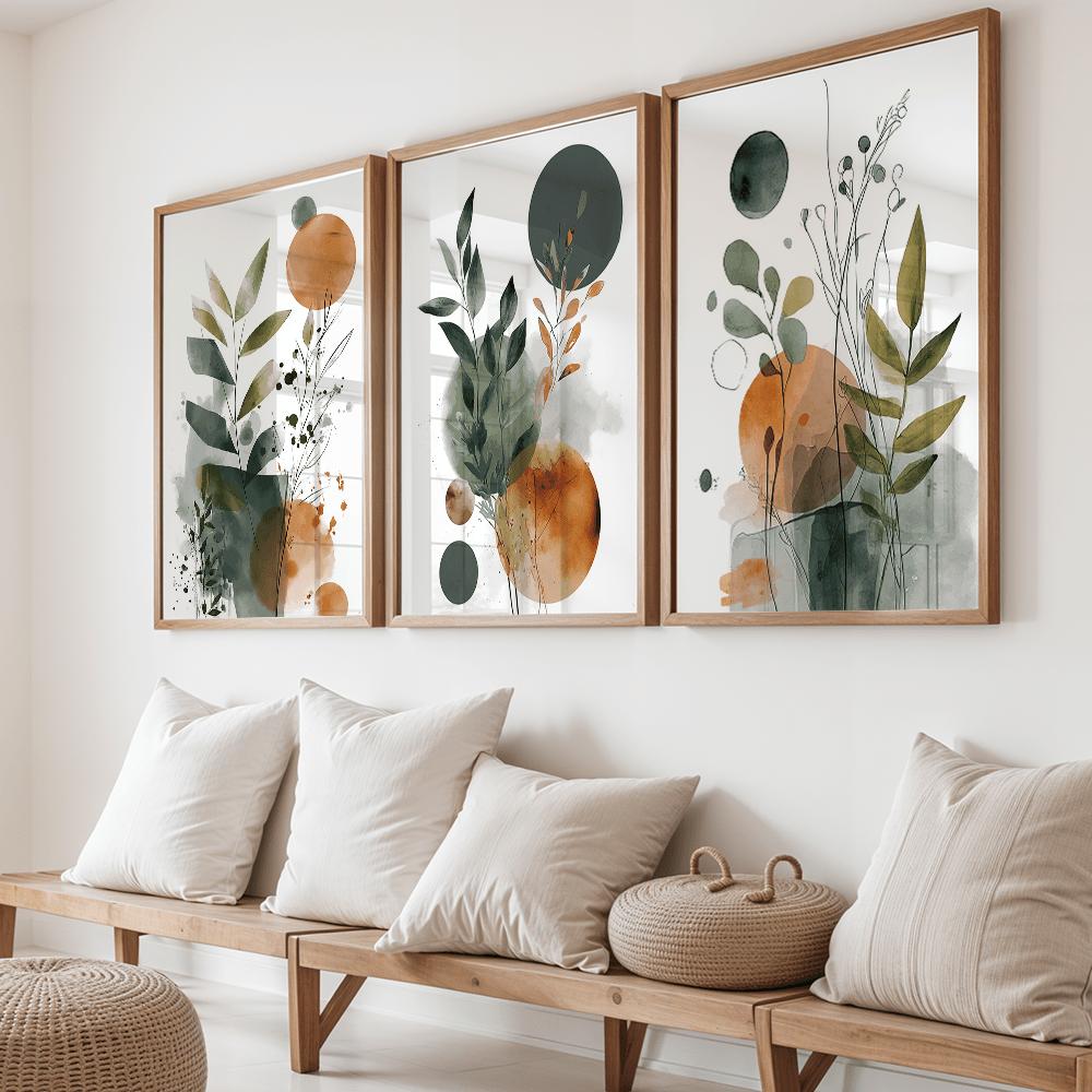 3 Pezzi Stampa Line Art Botanica Nordica Senza Cornice, Pittura su Tela Floreale Arancione e Verde Salvia, Decorazione Artistica da Parete Creativa Unica