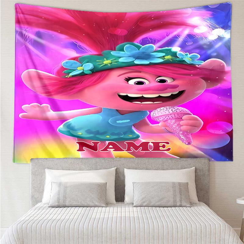Custom Name Trolls Print Tapestry, Backdrop, Easy Setup, Ideal for Bedroom, Office & Living Room, with Aesthetic Wall Hanging Decor.