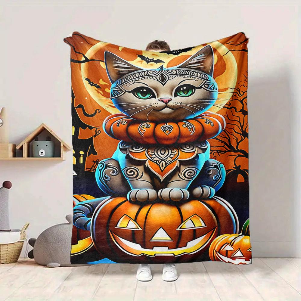 1pc Pumpkin Cat Blanket, Lightweight Flannel Throw Blanket for Sofa, Bed, Travel, Camping, Living Room, Office, Couch027