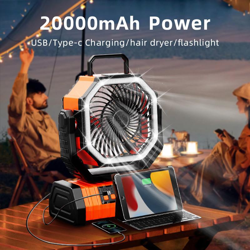 20000mAh Portable Camping Fan with LED Light 4-Speed Desktop Fan Remote Control for Outdoor Tent Fishing F6