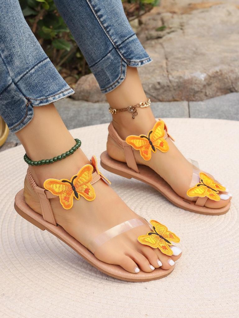 Fashion 2024 Summer New Women's Flip-Toe Sandals Luxury Designer Butterfly Decoration Flat Elastic Strap Women's Shoes Luxury Sandals
