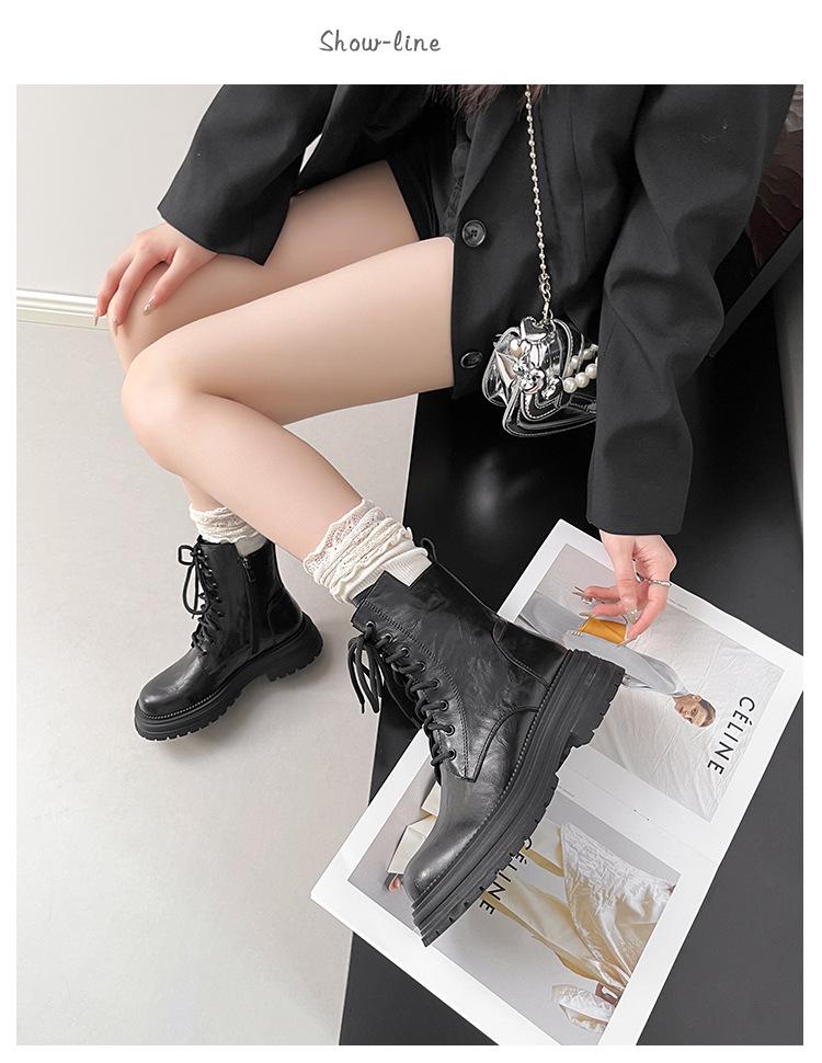 Thick-Soled Melard Women's British-Style Lace-Up Martin Boots, 2025 Round-Toe Chunky Heel Mid-Calf Short Boots