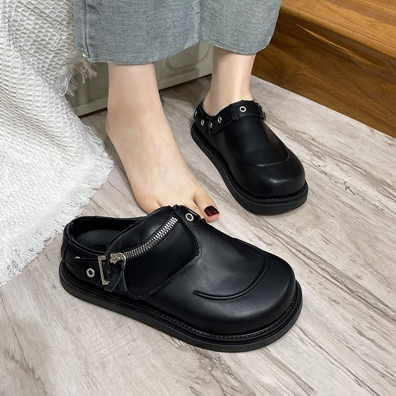 Fashion Flat Slippers Summer New Round Head Deep Mouth Rivets Metal Zipper Soft Sole Anti-slip Wear-resistant Low Heel Shoes