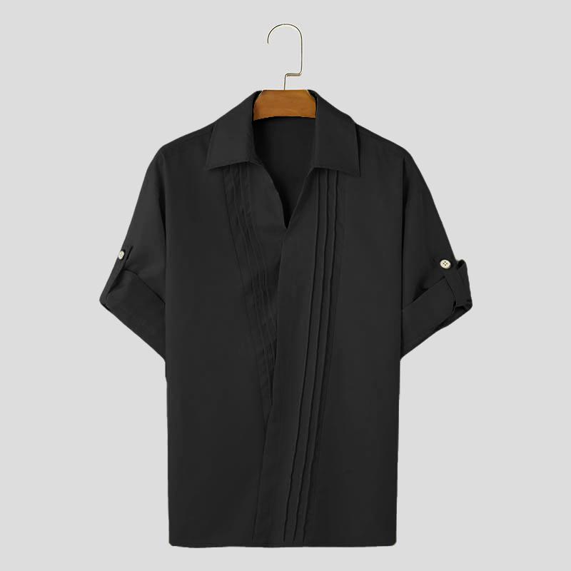 

INCERUN Мужские рубашки с коротким рукавом и складками, повседневные, с перекрестными бретелями спереди, однотонные топы 4XL чёрный