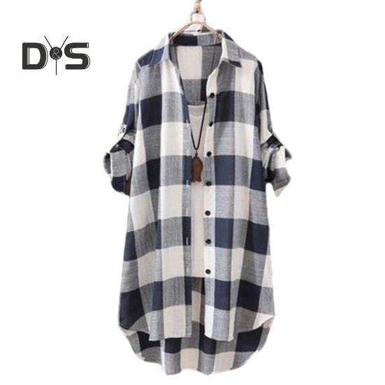 

Женская рубашка в клетку с контрастным цветом, неровный подол, однобортная, с длинным рукавом, с лацканами, свободного покроя, мягкая, дышащая, женская, длинная 2XL белый/синий