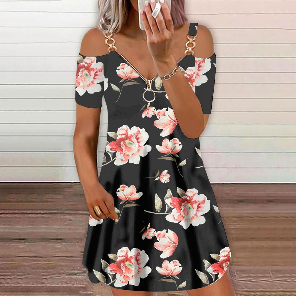 Women's V Neck Short Sleeve Printed Zip Off-shoulder Dress Casual Dress Commuting Dress