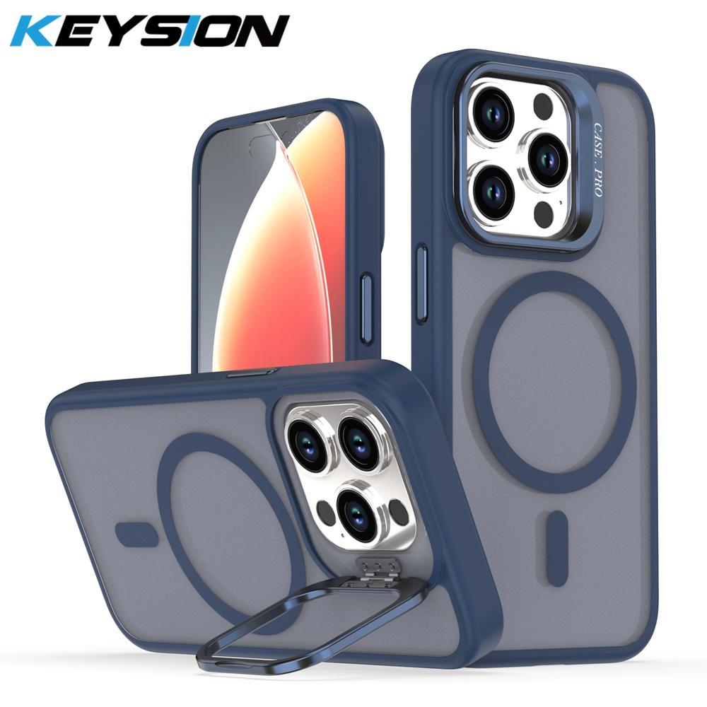 KEYSION Lens Stand Magnetic Phone Case for MagSafe for iPhone 13 14 15 Pro Max 15 Plus Matte Translucent Shockproof Back Cover