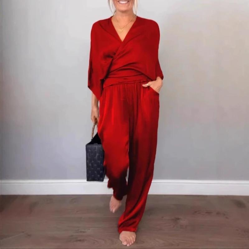 Fall Solid-Color Satin Short-Sleeve Women's Fashion Top and Pants Set