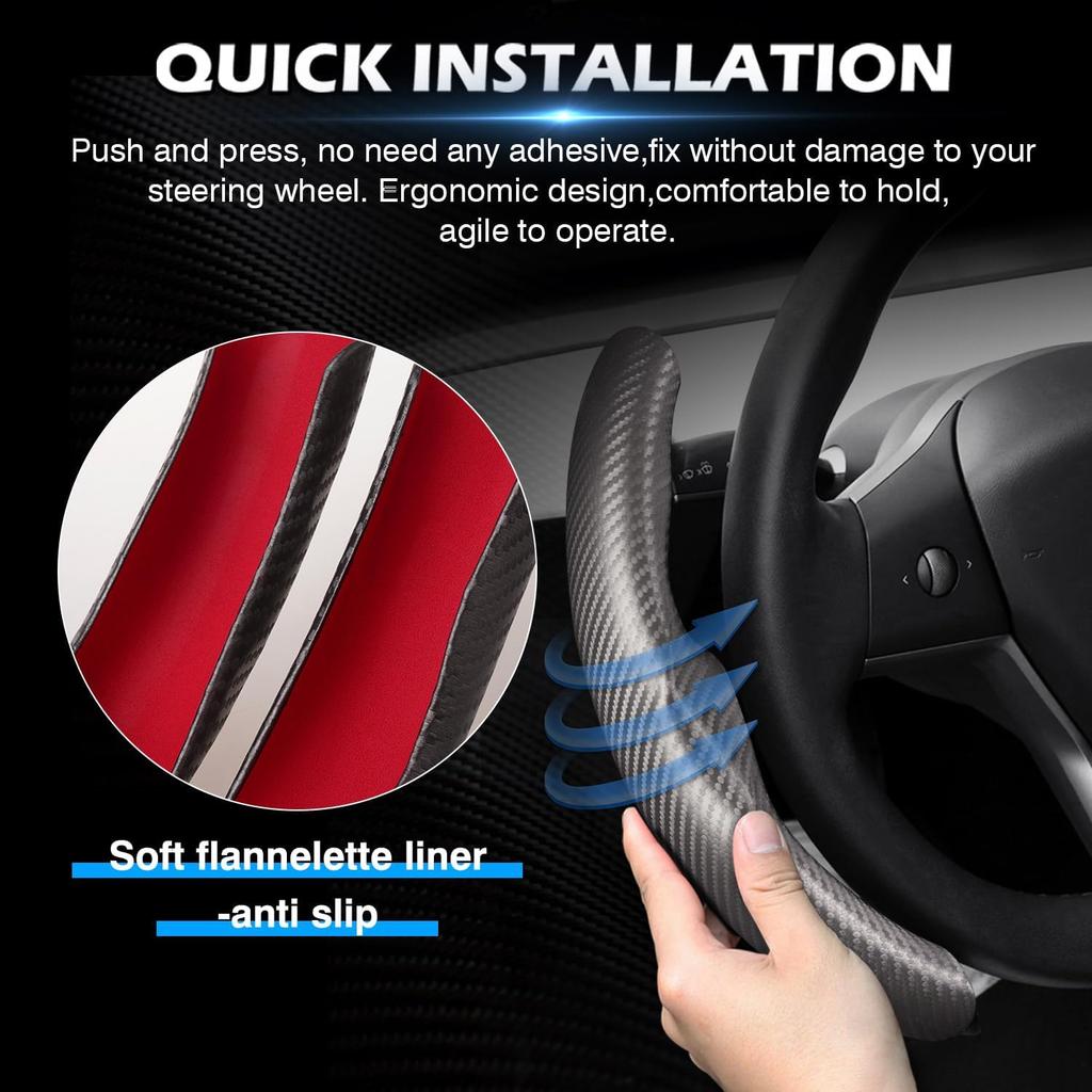 Grey Steering Wheel Cover For Tesla Model 3/Y 2016-2025 2026 Juniper/Highland | Non-Slip, Segmented, -Fit, Carbon Fiber | Model Y Juniper Accessories
