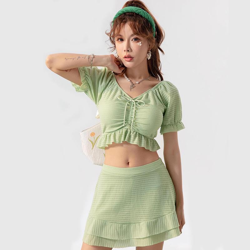 2024 Women's Two-Piece Swimsuit: Conservative, High-End, Slimming, Solid Color, Student Style