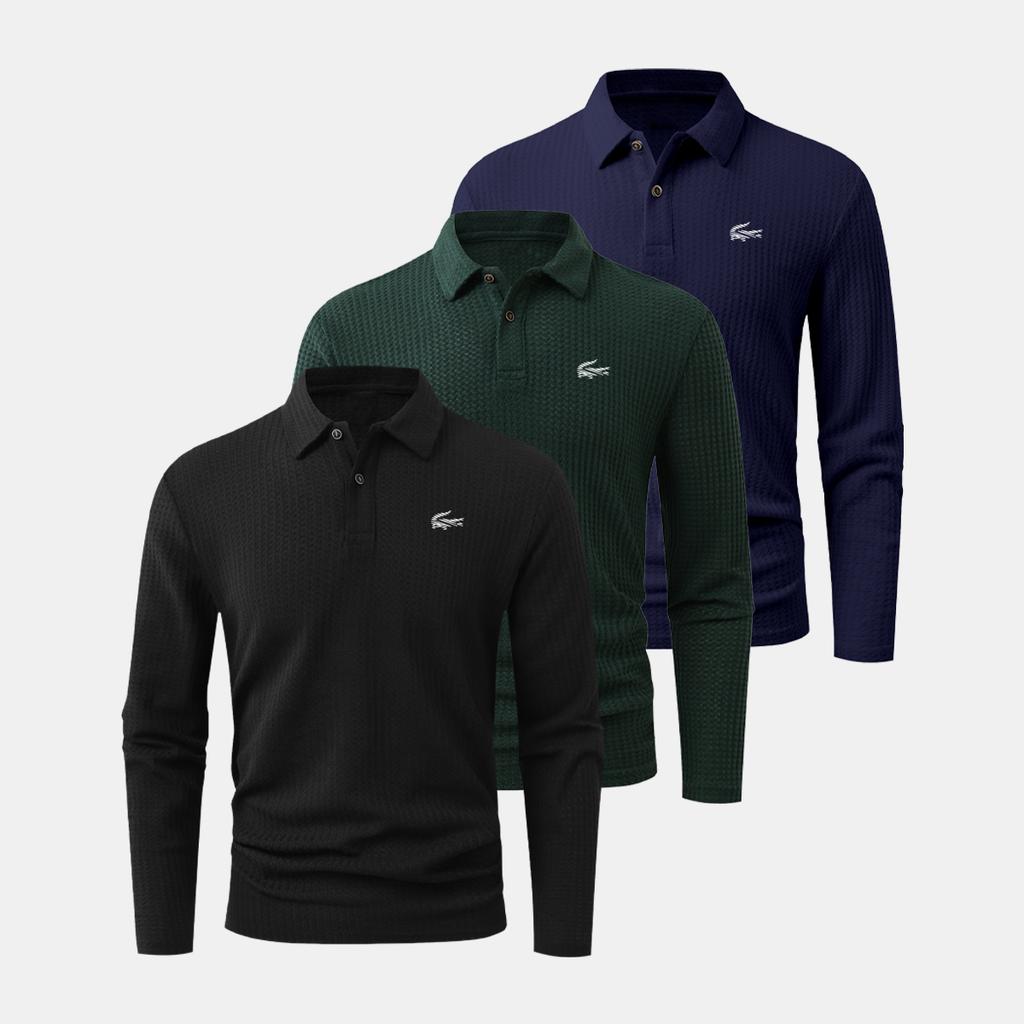 Set da Uomo 3 Pezzi di Polo a Manica Lunga, caratterizzato da un semplice design con colletto a 2 bottoni, tessuto traspirante e perfetto per il golf e l'abbigliamento casual