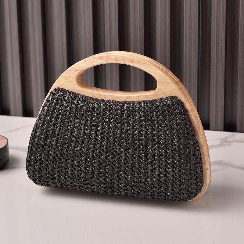 

Женская соломенная плетеная сумка с деревянной застежкой - Пляжная мода, универсальные, удобные и прочные сумки чёрный