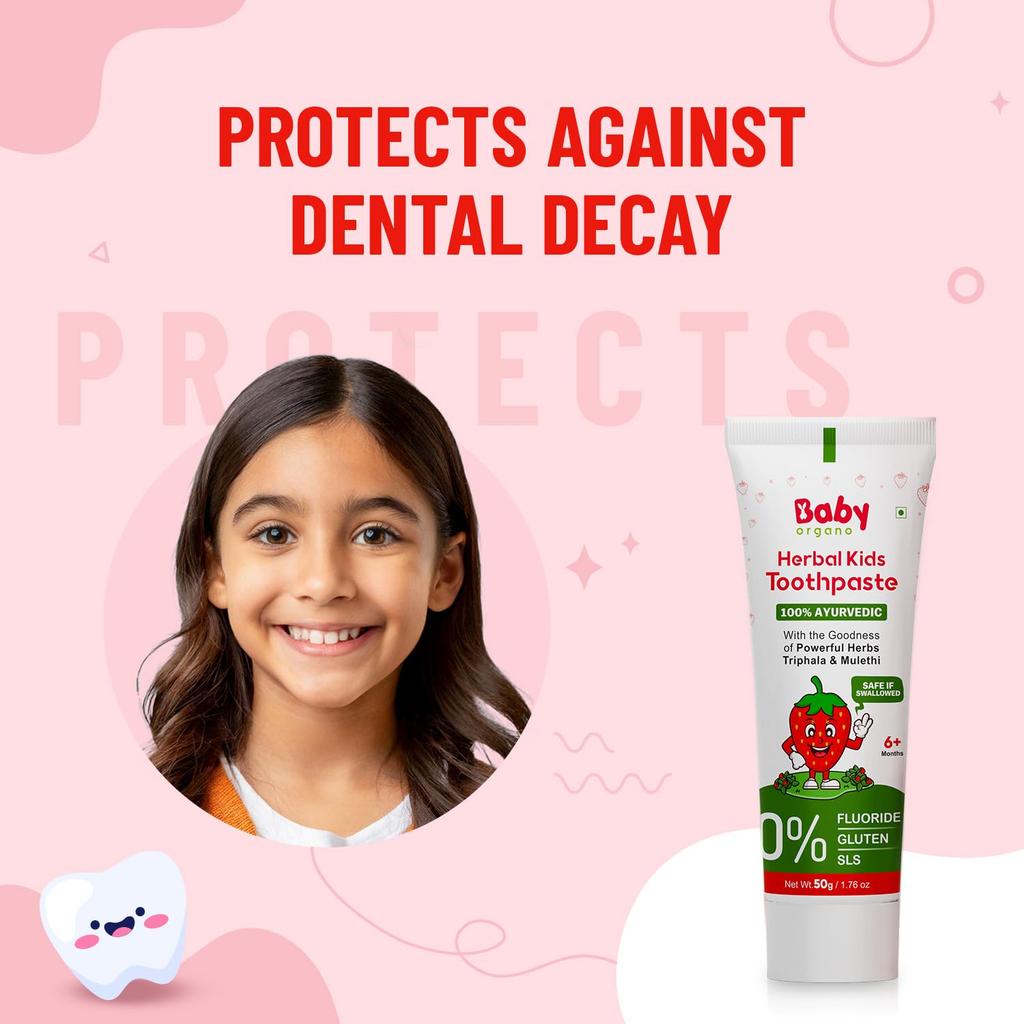 BabyOrgano Ayurvedic Baby Toothpaste Natural Strawberry Flavour Kids Dental Care Protects Gums Cavity Defense 50g Pack of 2