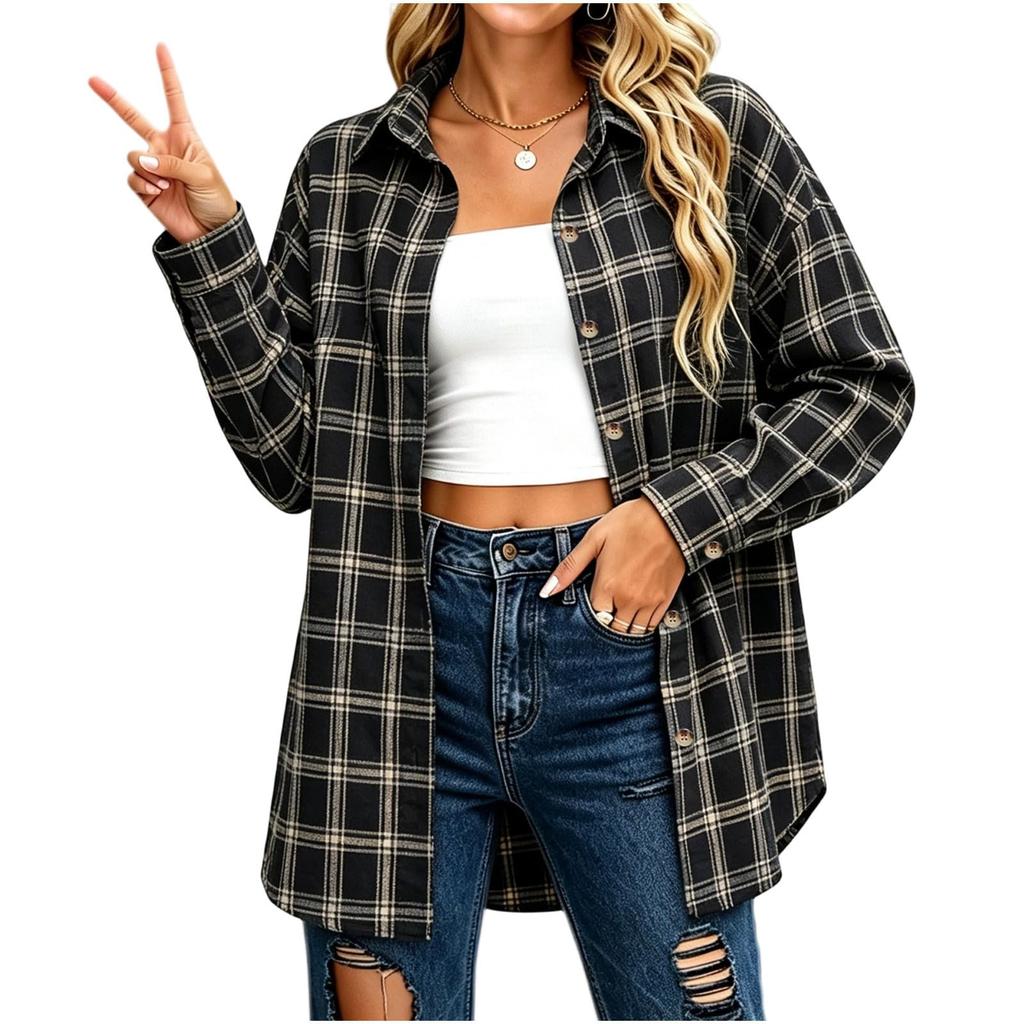 Women's Casual Plaid Long Sleeve Button Down Shirt Collared Blouse