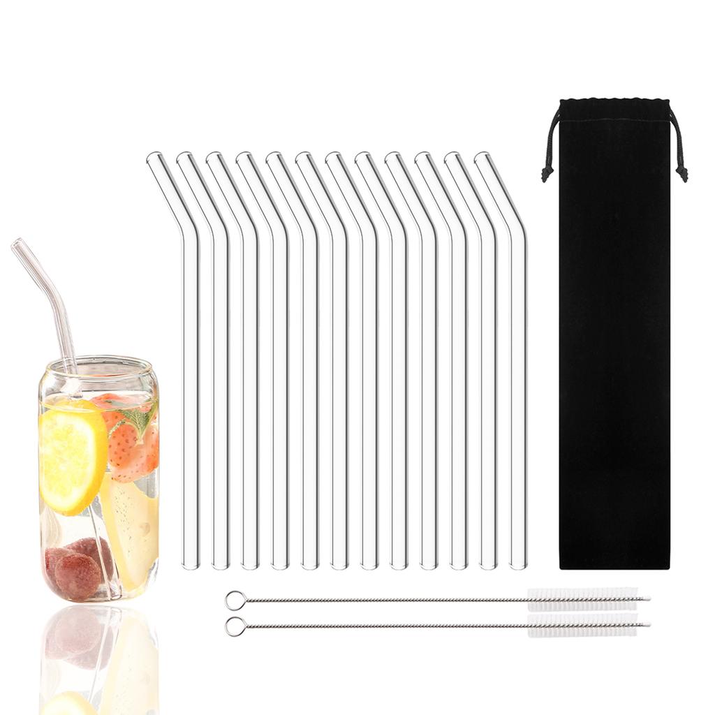 15 Pack Reusable Glass Straws, 8inch X 8mm Drinking Straws Travel Set, Include 12 Straws, 2 Cleaning Brush, 1 Bag, For Smoothies, Beverages, Juice