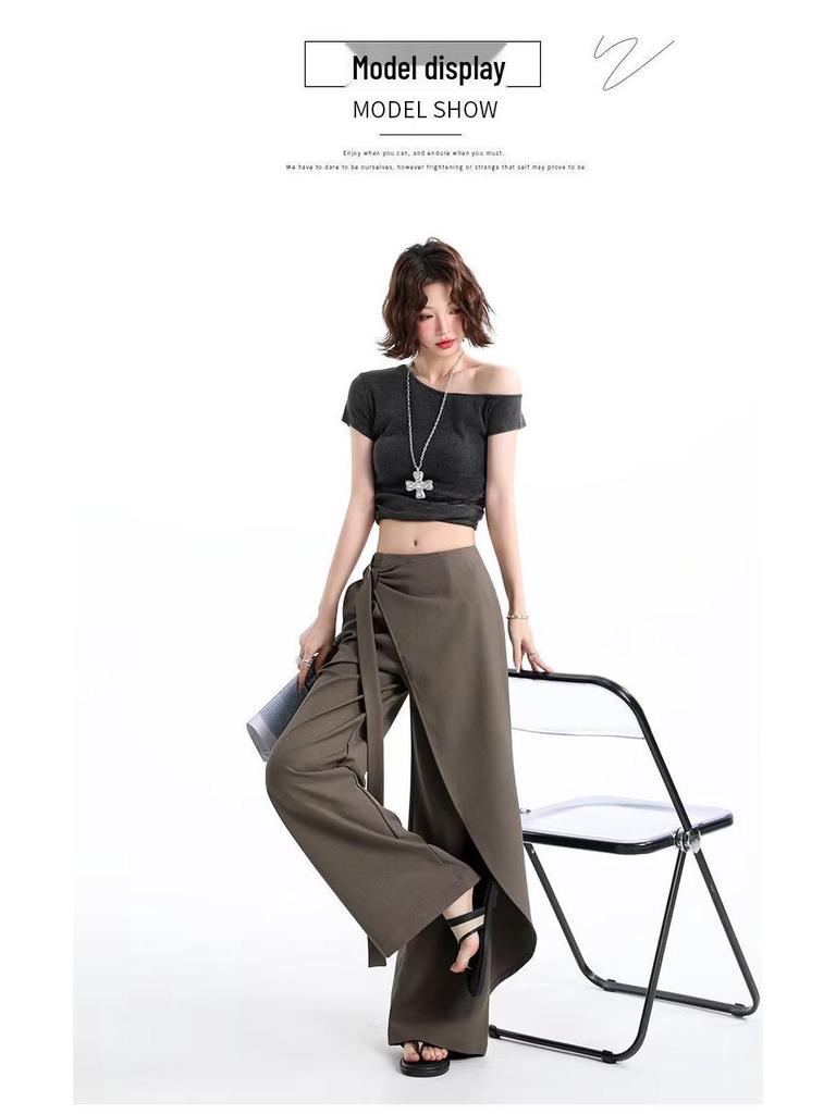 Women's Brown-Gray Wide-Leg Pants with Flowing Ribbons, 2026 New Style, Slimming, Good Drape, Casual Straight-Leg Suit Pants.