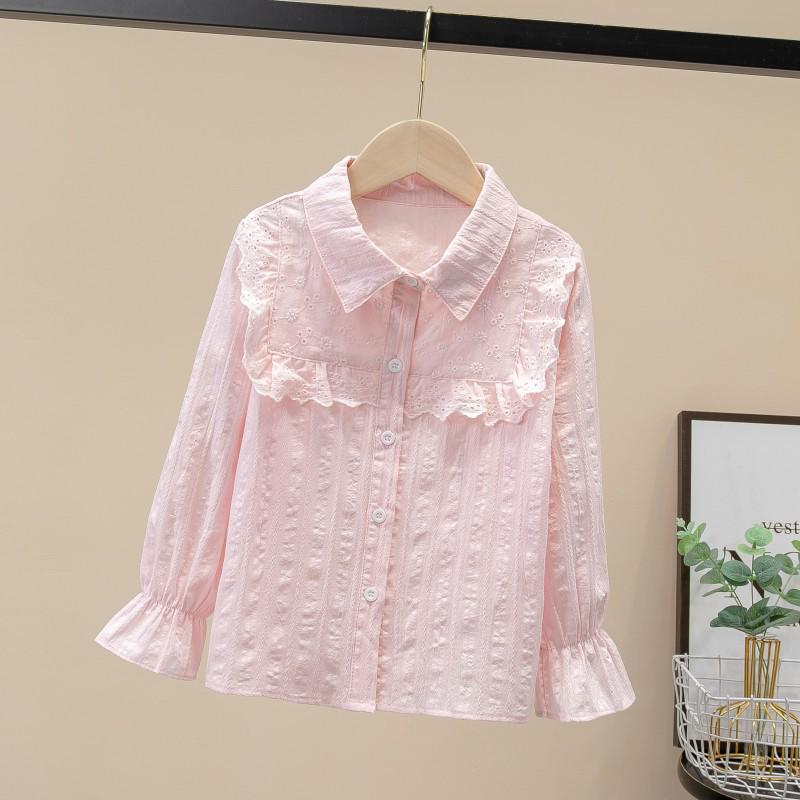 Spring 2024 Girls' White Long Sleeve Shirt with French Lace Collar