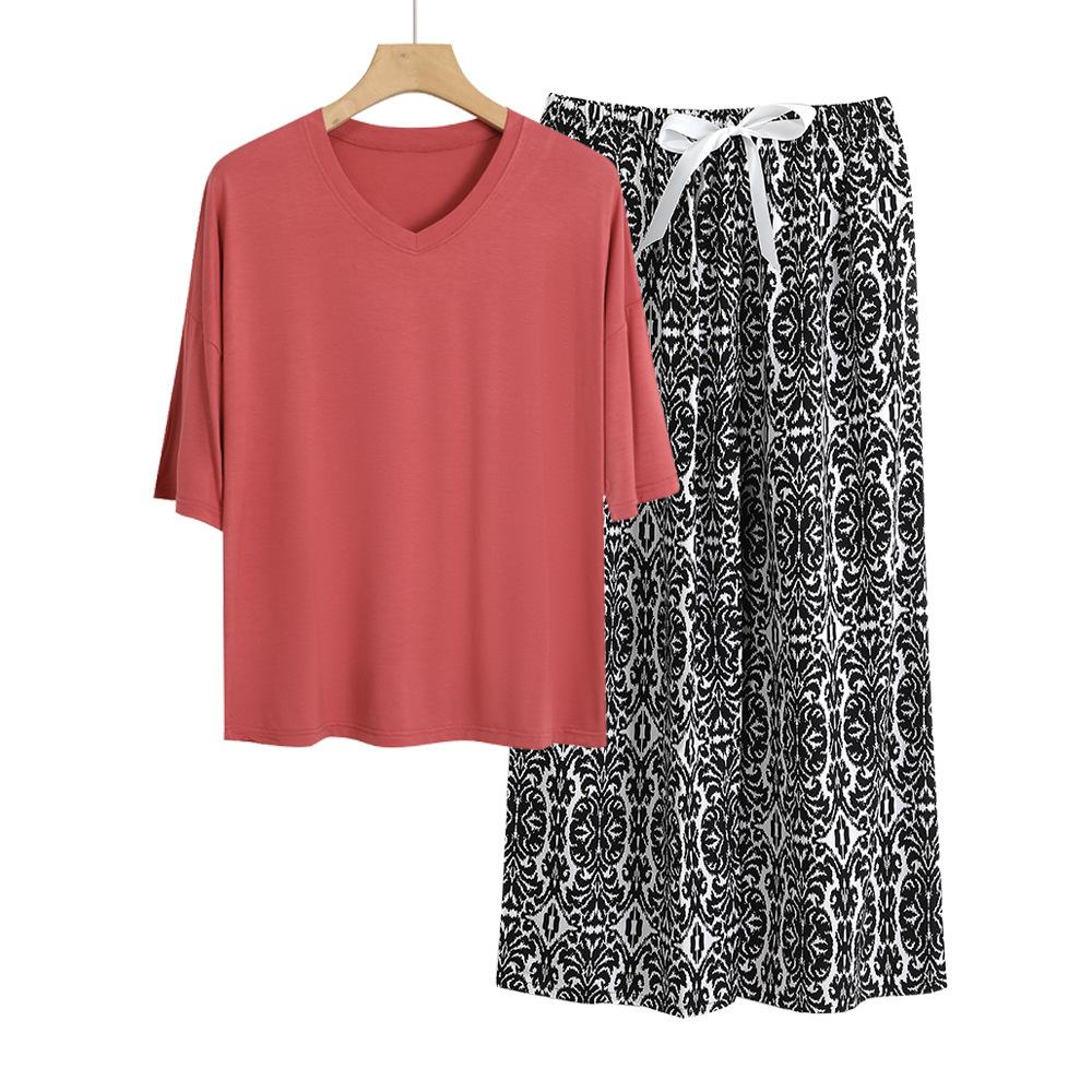 Sommer Damen Pyjama Sets Modal Kurzarm T-Shirts und Weitbein Hosen Heiß Lässig Homewear 2-teiliges Anzug Damen Nachtwäsche
