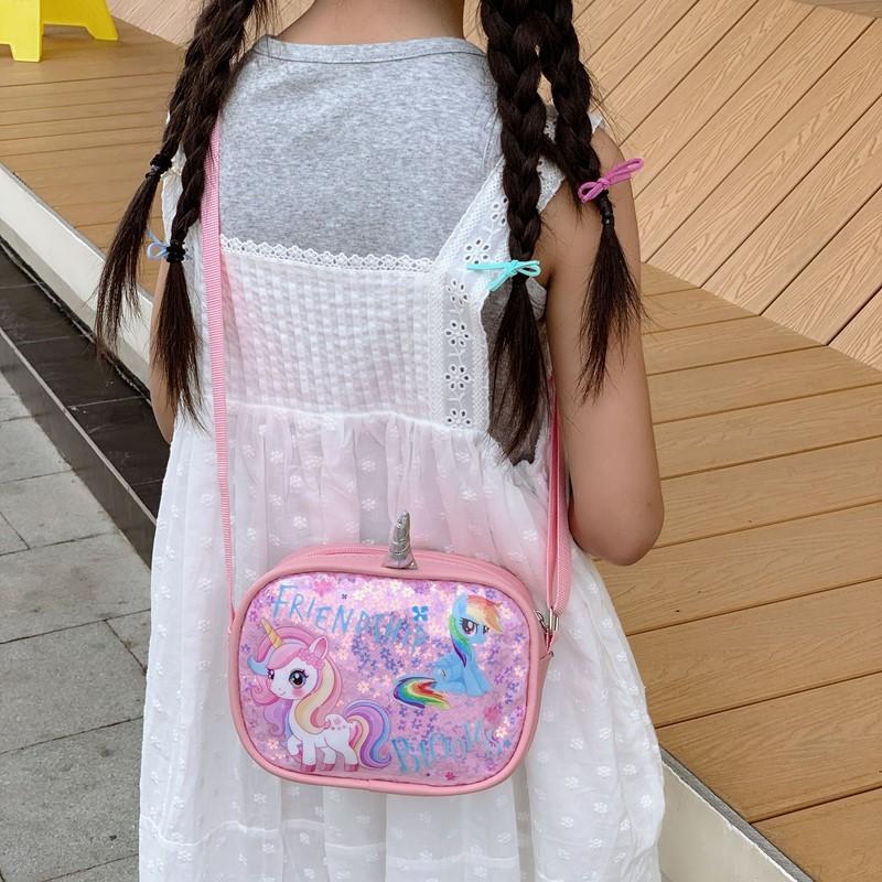 Cartoon Rainbow Unicorn Kids Shoulder Bag With Glitter Sequins For Daily Use