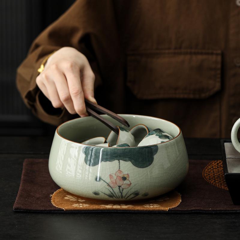 Glazed Hand-Painted Ge Kiln Jianshui Ceramic Extra Large Tea Washing Tea Residue Tank Water Tank Household Tea Set Tea Cup Washing Storage Bowl