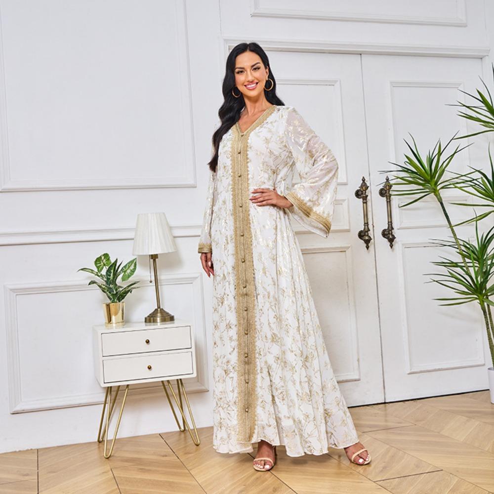 Women's Evening Gown: Stylish Long Dress Featuring Textured Floral Patterns and Gold Foil Accents