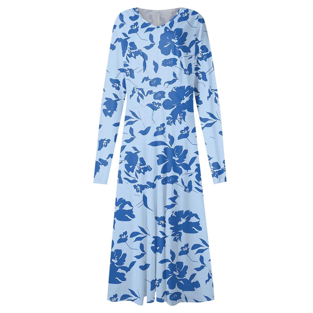 Women's And Winter Casual Fashion V-neck Long Sleeve Print Long Dress