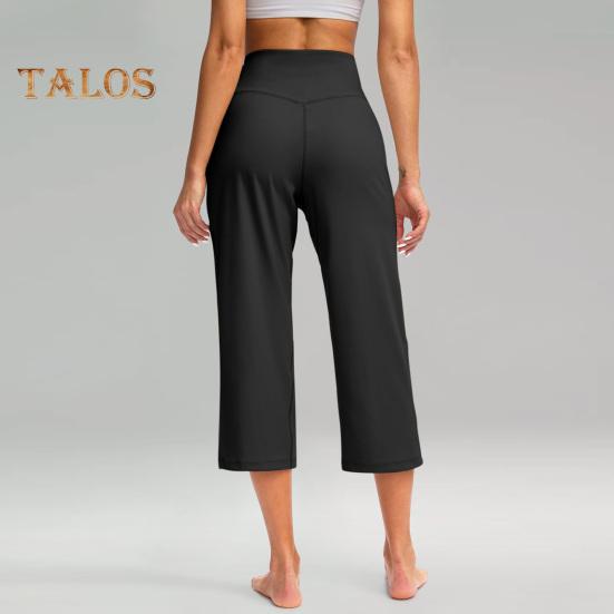 Women Yoga Pants Elastic High Waist Loose Leg Cropped Trousers with Pockets Sporty Casual Style Pants