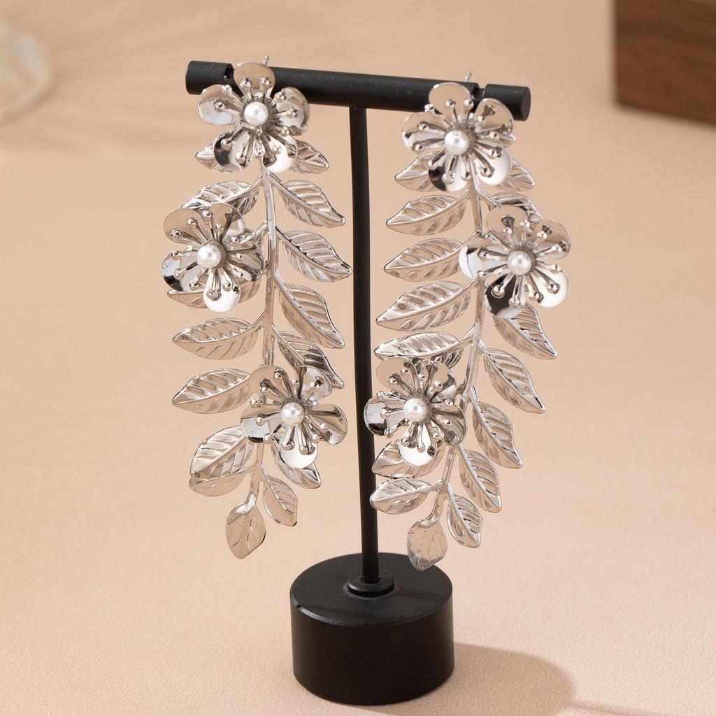 Trendy Cross-Border Floral Long Dangle Earrings for Women - European and American Heavy Industry Style