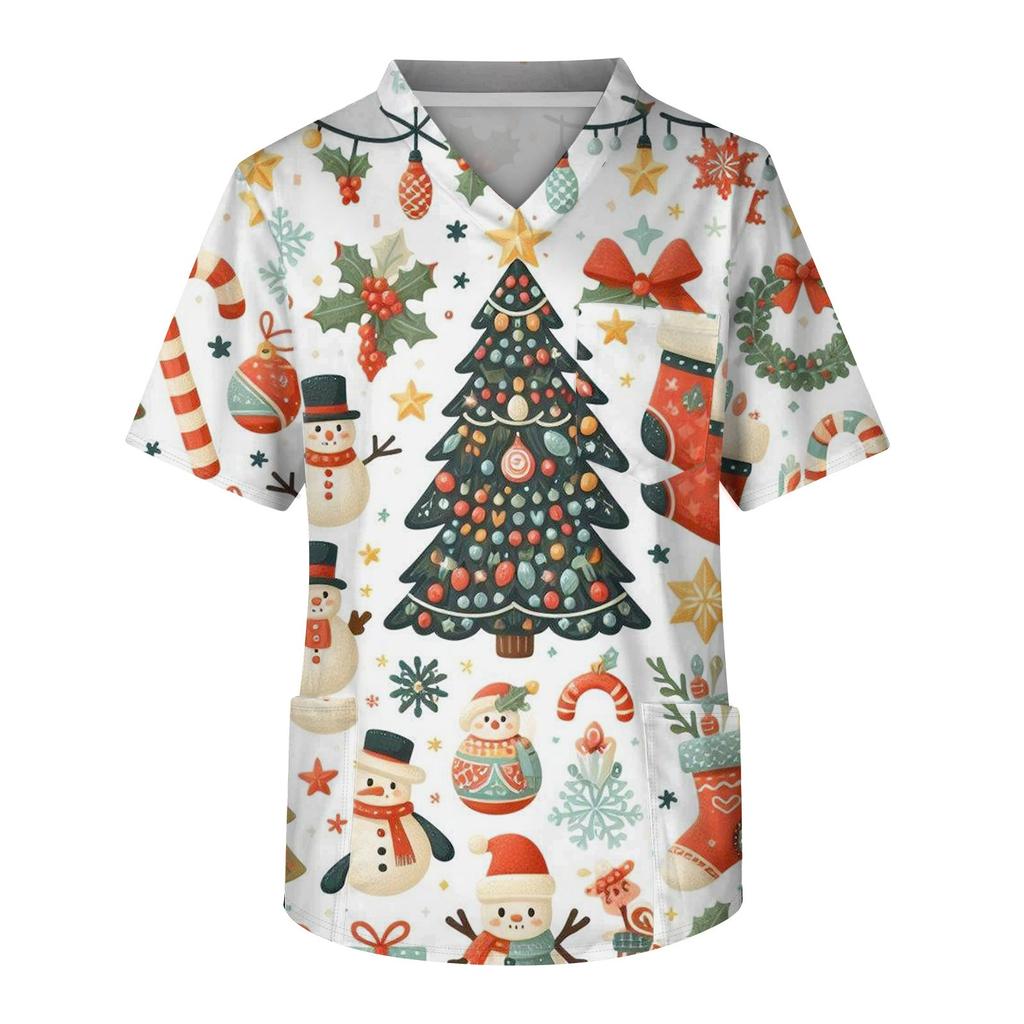 Men's Short Sleeve V-Neck Christmas Print Chest Pocket Care Top