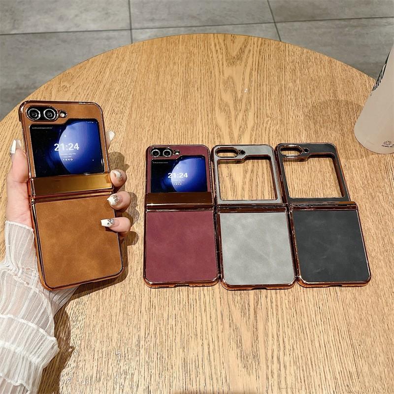 Z Flip 6/5 Phone Case Electroplated Vintage Leather Texture Hinge Cover Shockproof Protector