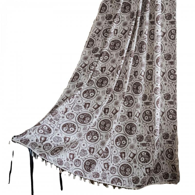 Retro Printed Cotton Linen Curtain With Tassel Trim Kitchen Window Semi-Sheer Panel Living Room Dining Area