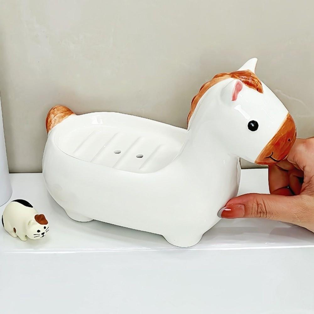 Cute Horse Soap Dish Soap Box Drainable Self Draining Soap Holder Ceramic Soap Container Bathroom Decor Organizer for Sink