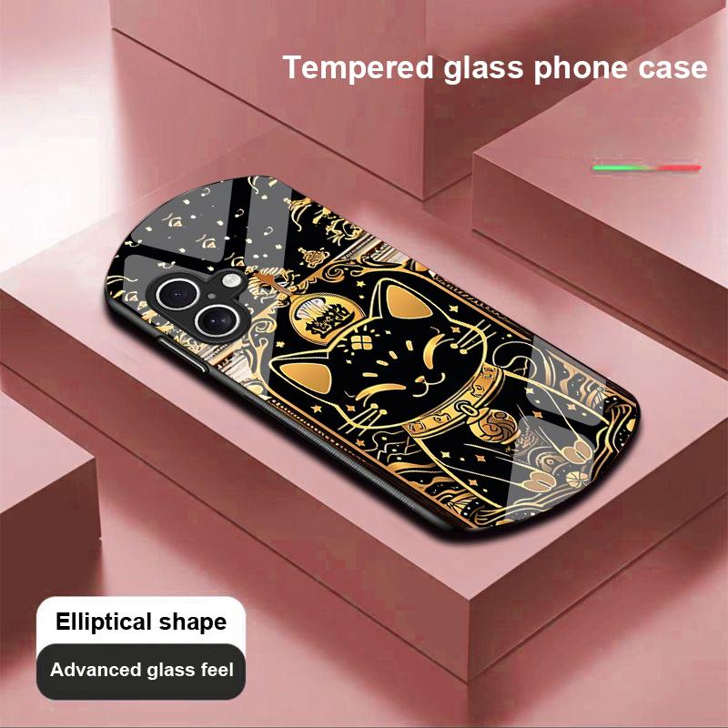 Black Gold Cat For Apple IPhone 16 11 13 15 14 Pro Max 12 Mini 7 8 Plus XR X XS Elliptical Shaped Tempered Glass Phone Case