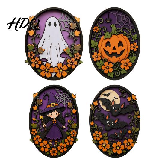 Halloween Wall Decor Oval Sign Layered Wooden Cute Ghost Bat Spooky Home Decorations Pumpkin Witch Designs Festive Art Decoration for Interior Retro