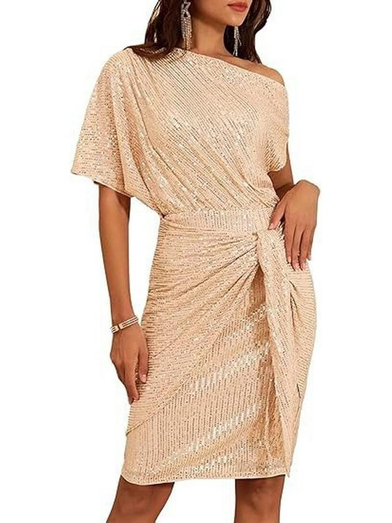 Shiny Sequin Trim One-Shoulder Beaded Mesh Formal Dress for Women