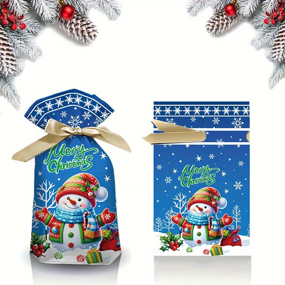 50pcs Christmas Drawstring Gift Bags, Festive Cartoon Reindeer, Santa, Snowman Designs, Plastic Party Favor Pouches with Ribbons for Holiday Presents