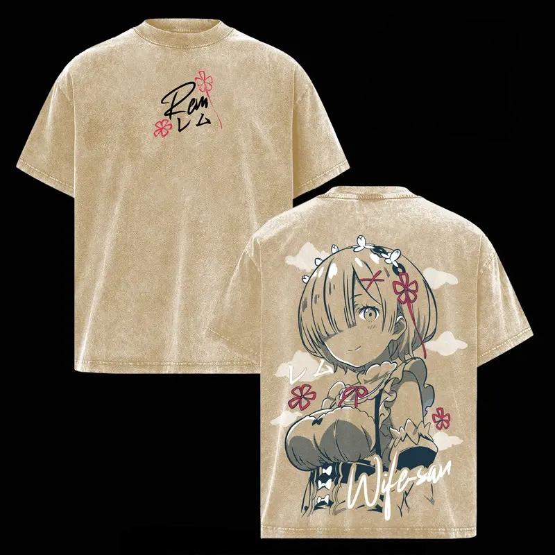 Re ZERO Starting Life In Another World Rem Printed Tee Men Women Retro Washed T-shirts Oversized Cotton T Shirt Harajuku Tshirt