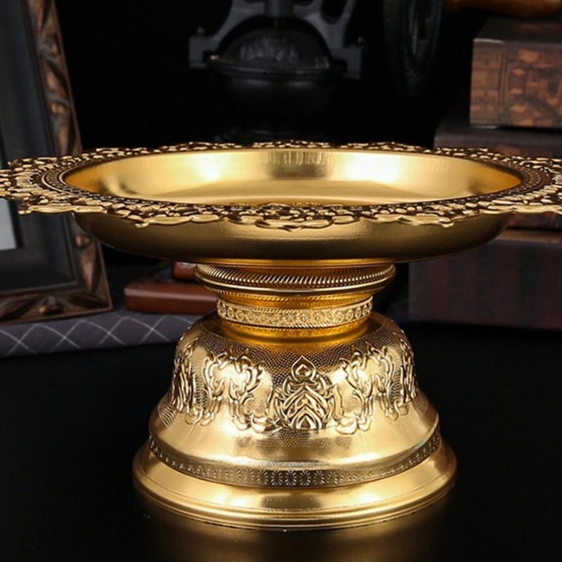 Decorative Alloy Offering Plate with Ornamental Pattern Tall for Religious Ceremonies Home Decoration Highlight