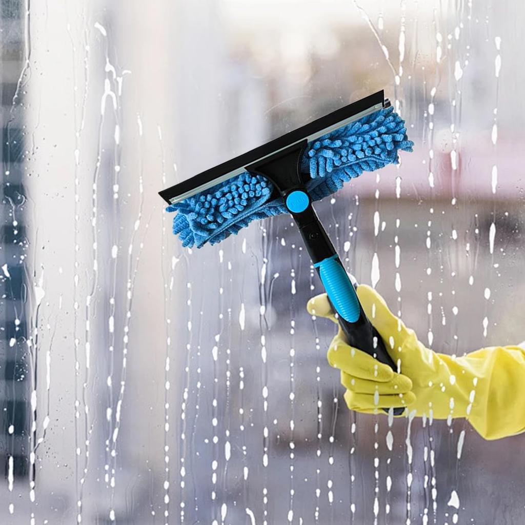 2-in-1 High Waist Window Cleaning with 10 Joint Extension Pole Stainless Steel Scraper and Squeegee Reusable Microfiber Cloth